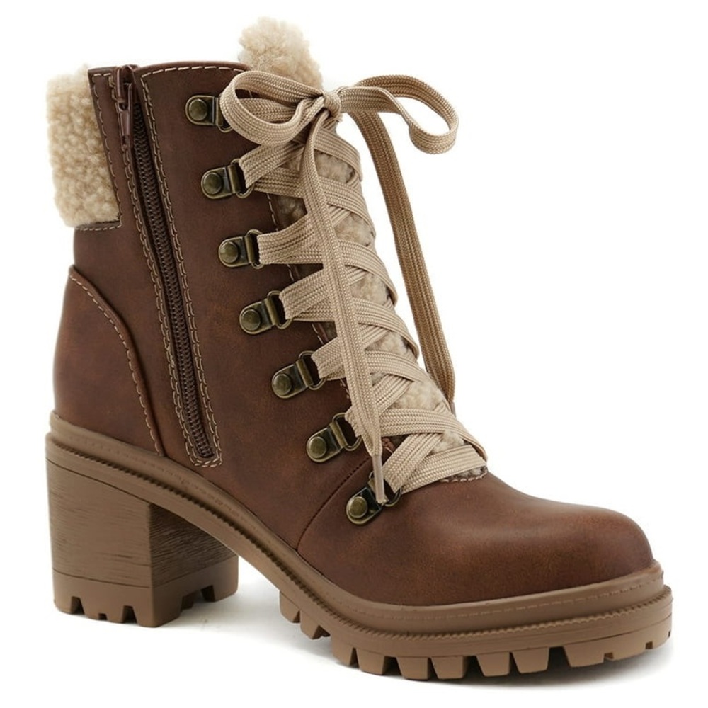 Soda Chunky Thick Heels Lug Sole Faux Fur Ankle Combat Boots